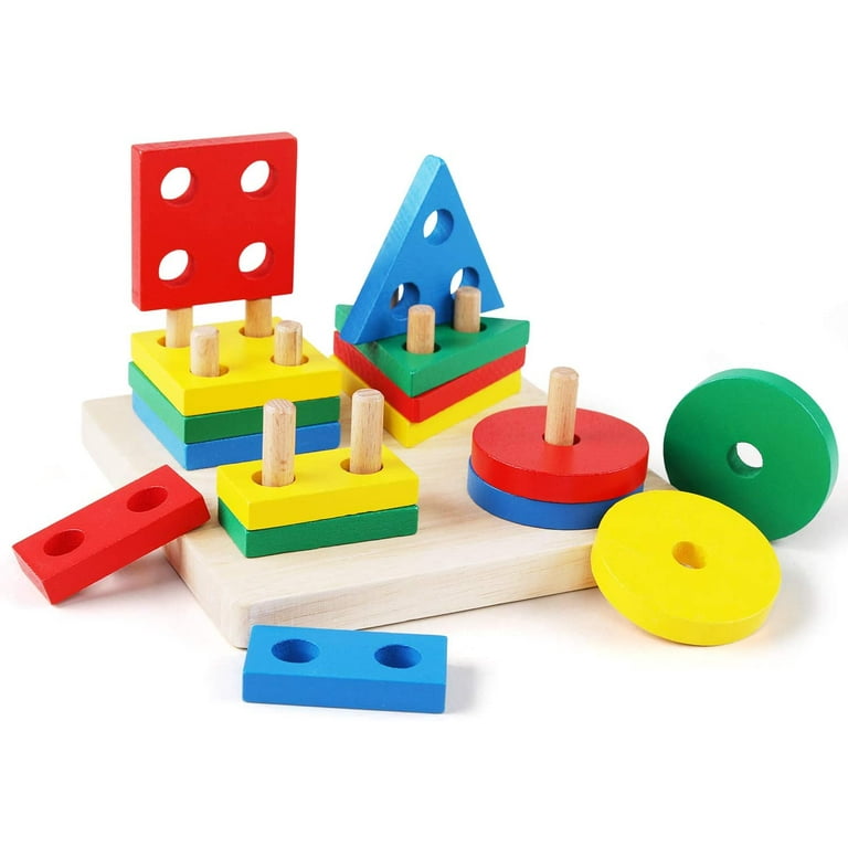 Chainplus Wooden Sorting Stacking Toys, Shape Color Recognition Blocks  Matching Puzzle Stacker Montessori Geometric Board Early Educational  Puzzles