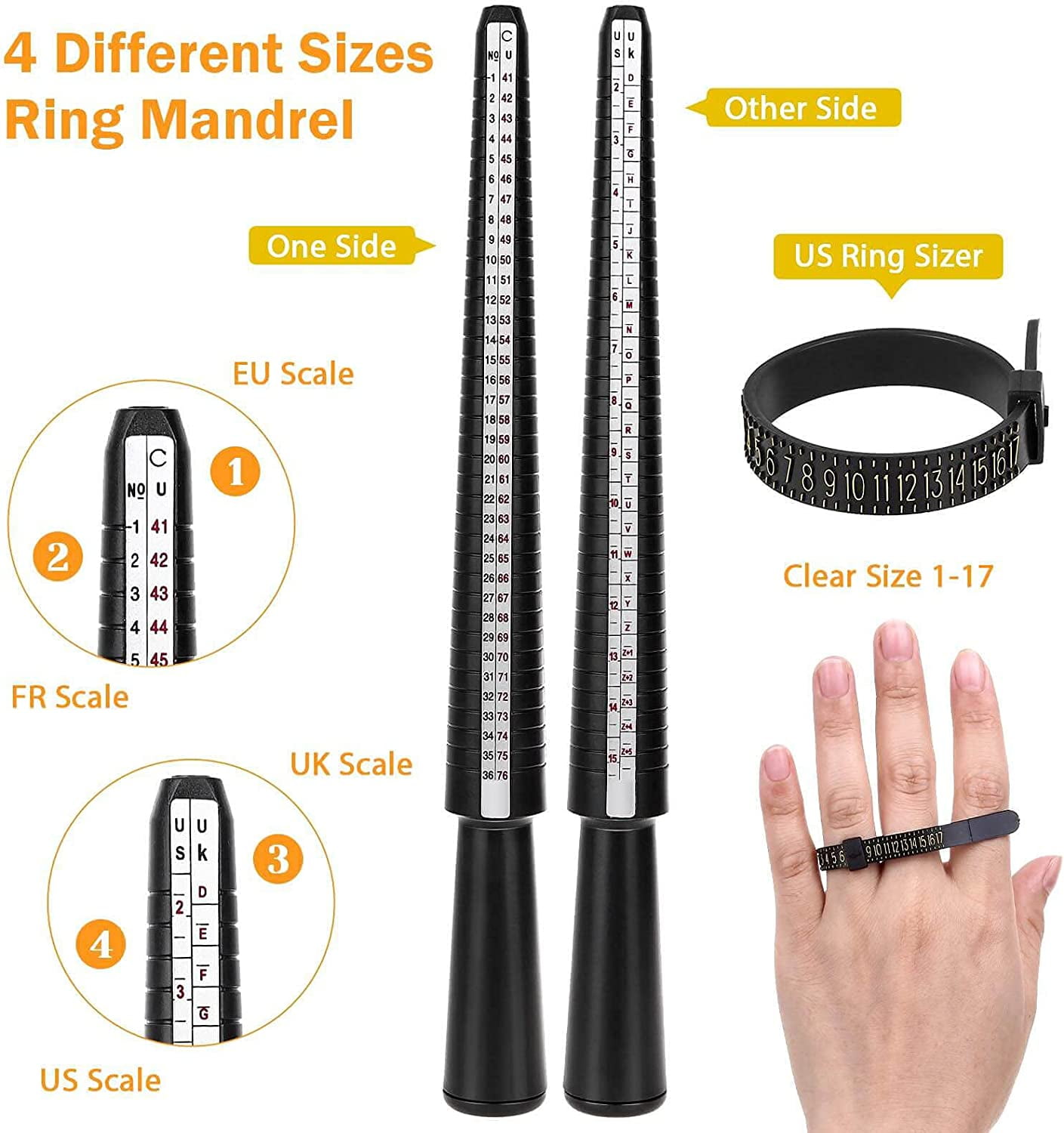 Gisneze Ring Sizer Measuring Tool Finger Ring Mandrel, EEEkit Ring Gauge Black Finger Sizer Stick Finger Sizing Measurement Jewelry Making Tools Set of 27 Pcs