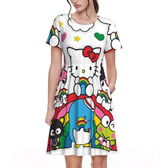 Saiise Sanrio Print Women's Short Sleeve A-Line Dress with Pockets, Casual Knee-Length Crew Neck Dress for Summer