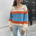 thumbnail image 4 of Herrnalise Women's Knitted Crop Tops V-neck Sweater Loose Autumn And Winter Long-sleeved Sweater Striped Stitching Casual Pullover Jumper Sweaters, 4 of 5