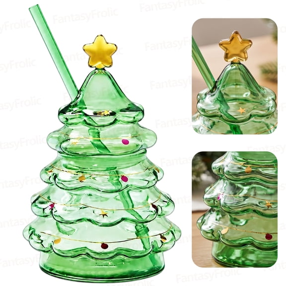 2026 Holiday New Christmas Tree Glass Cold Cup Holiday Village Collection Christmas Tree Decoration Glass Tumbler with Straw for Adult Juice & Water