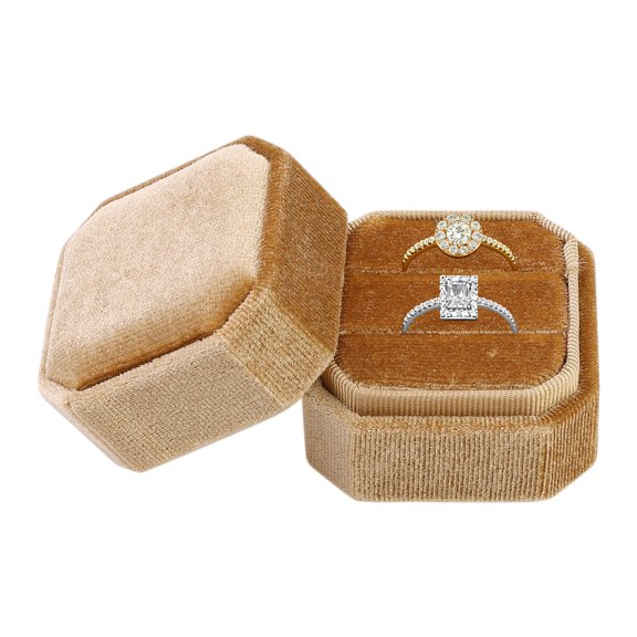 Velvet Ring Box for Proposal Engagement Wedding Ceremony Storage 2 Slots Golden Yellow