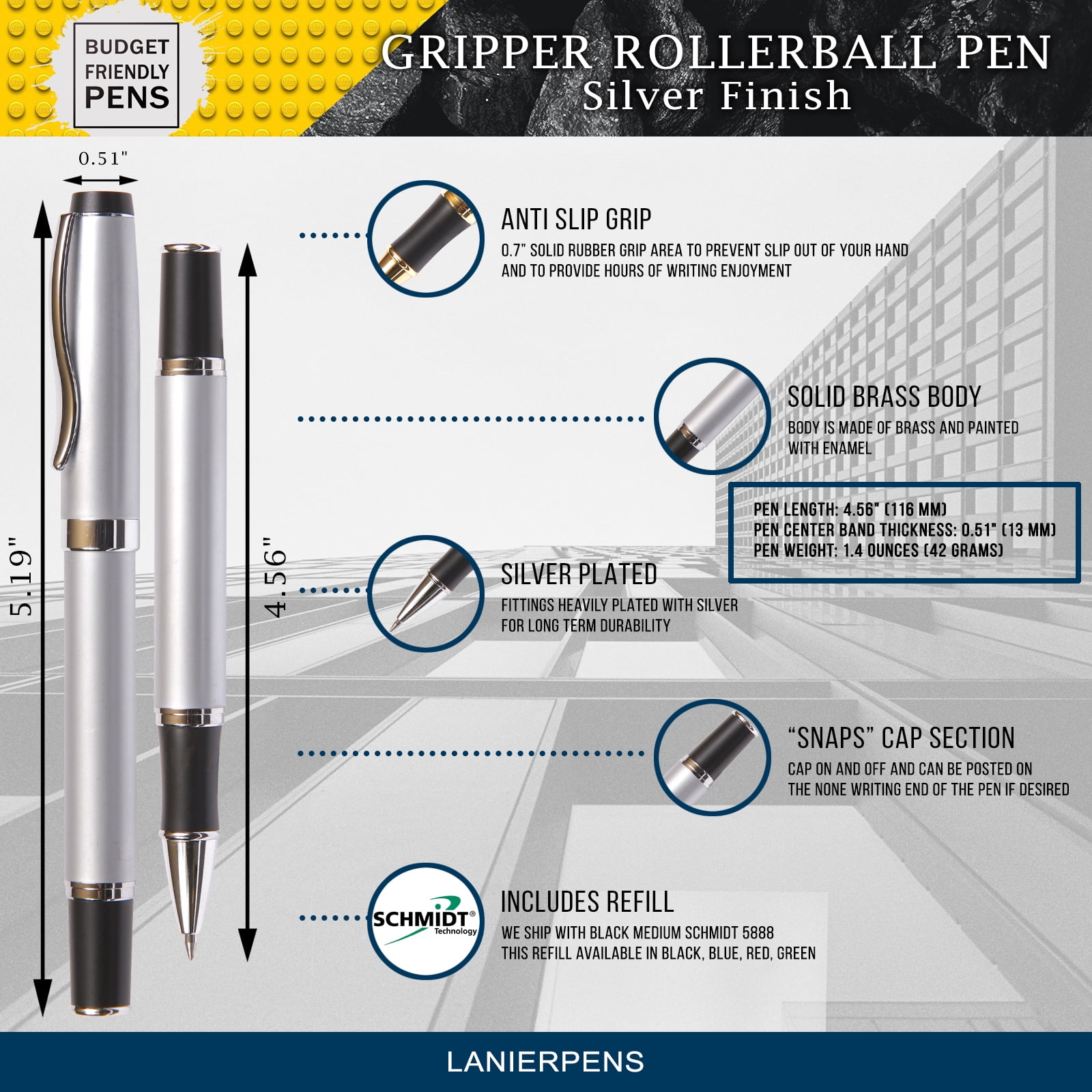 Gripper Roller Ball Pen - Silver with Single Gift Box Rosewood