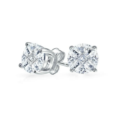 Mens Invisible Set - Bling Jewelry Mens Silver Basket Set Round Invisible Cut CZ Stud Earrings