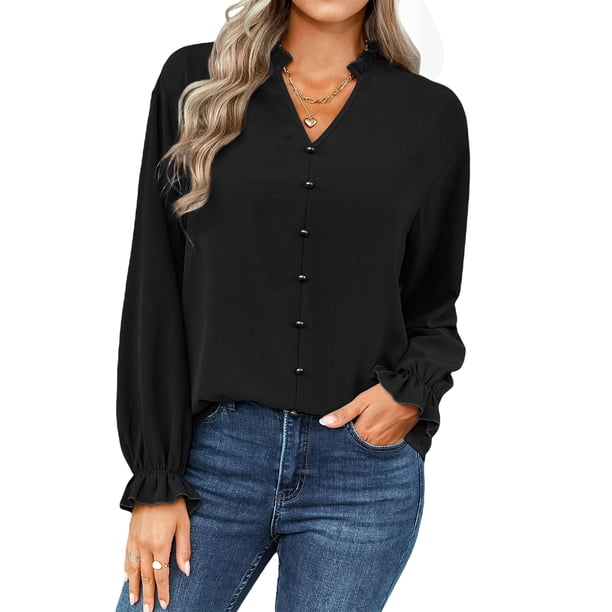 VISgogo - Blusa informal de manga larga con cuello en V para mujer, color sólido, para primavera y otoño VISgogo moda