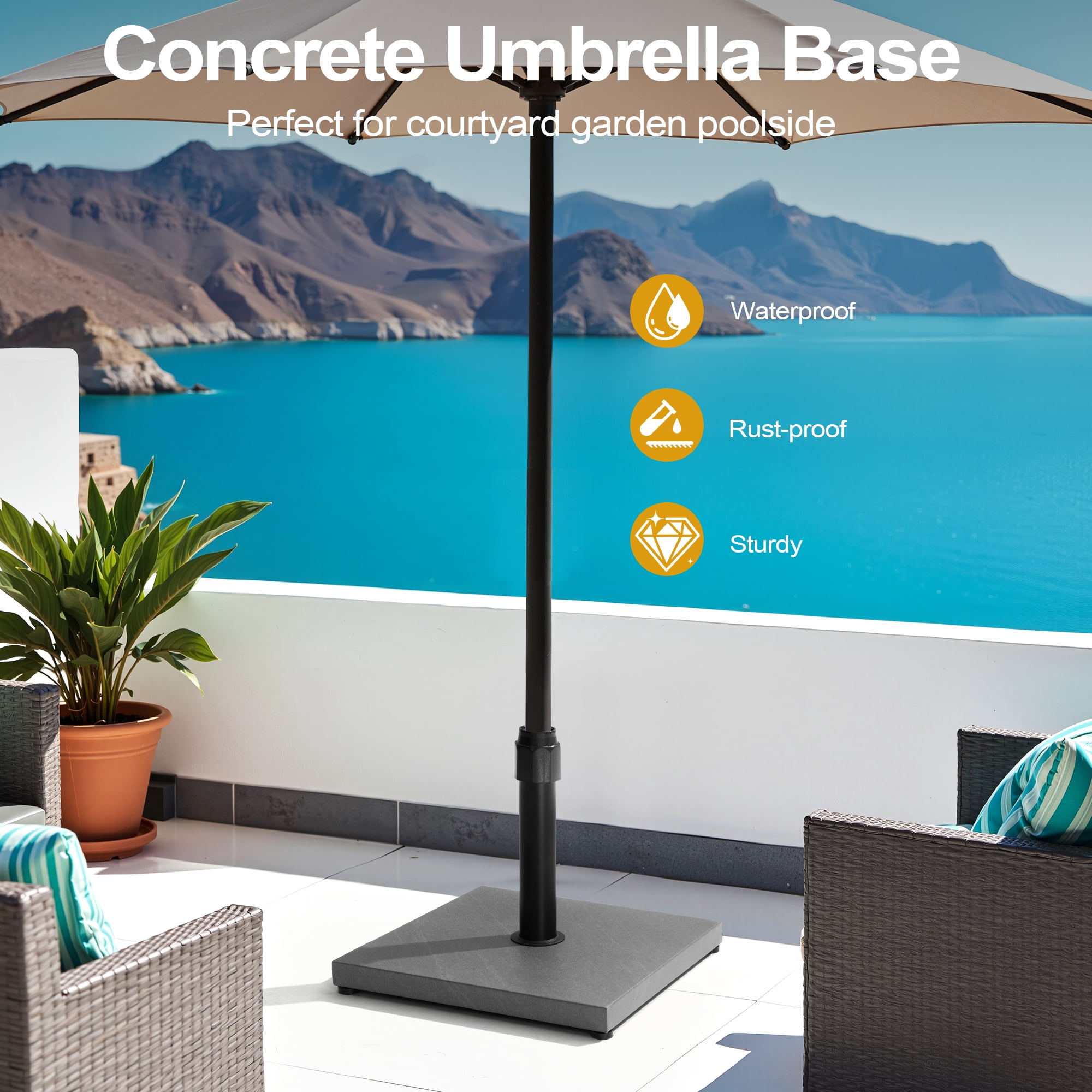 Crestlive Products 45lbs Pre-filled Concrete Umbrella Base, Heavy Duty Wind-Resistant, Fits 6-12ft Market Umbrella, Grey