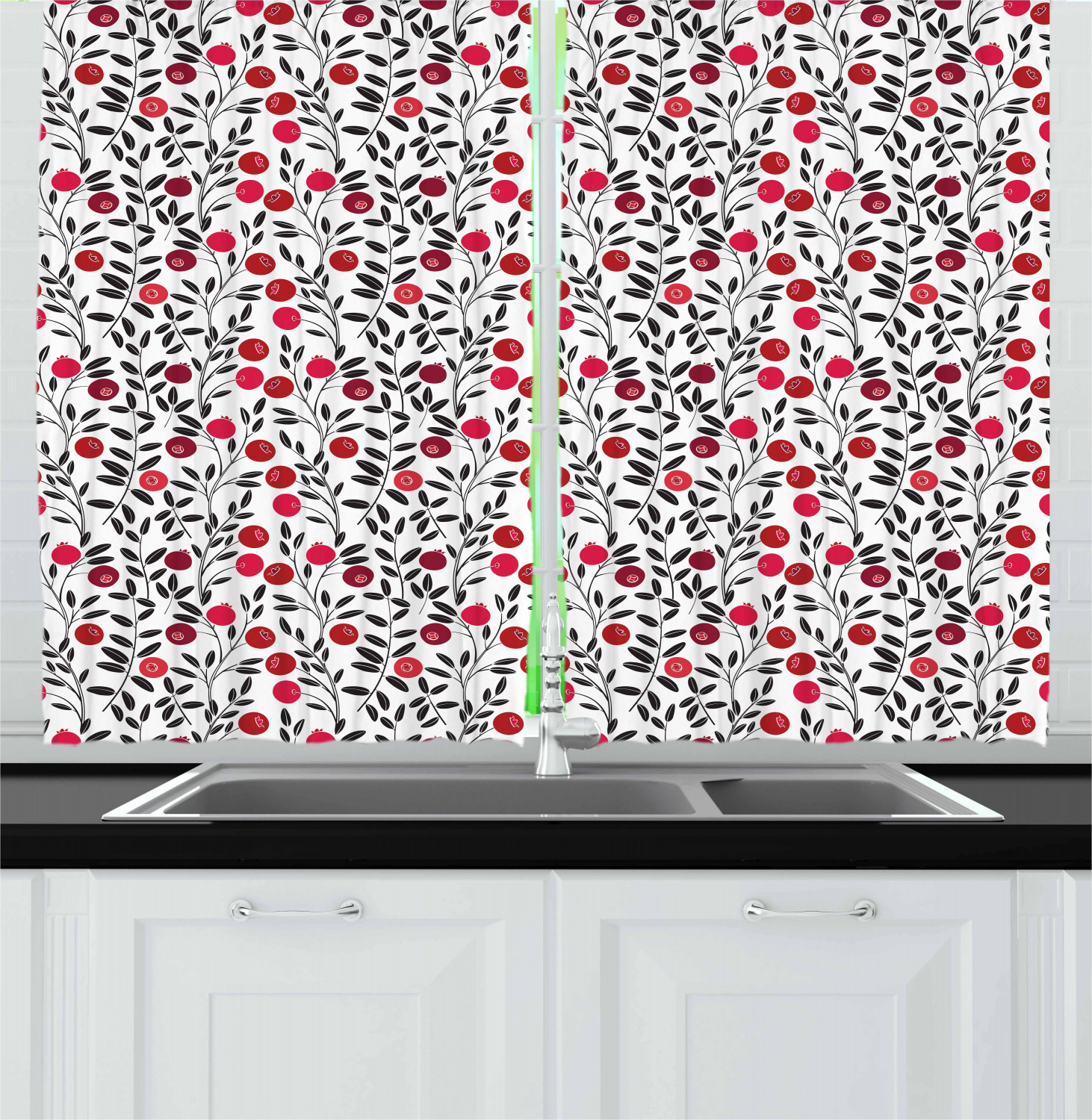 Cranberry Curtains 2 Panels Set, Foliage Berries with Leafage Field