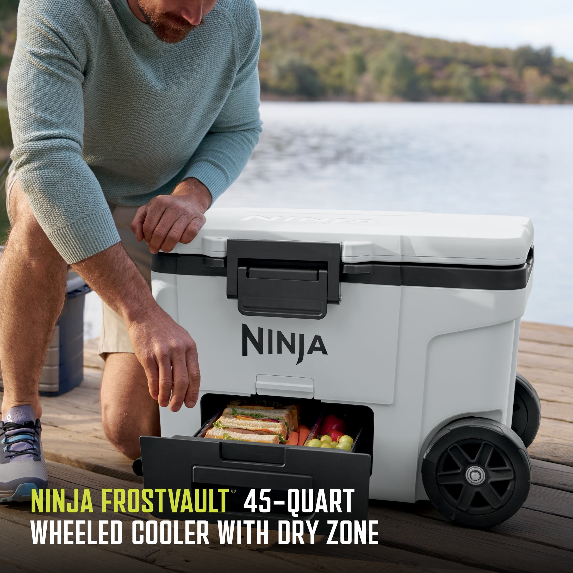 Ninja FrostVault 45-Qt Wheeled Cooler with Cold Dry Zone, Integrated Fridge-Temp Dry Storage Drawer, Premium Heavy-Duty Insulated Cooler, Keeps Ice for Days, FB245WH Cloud White