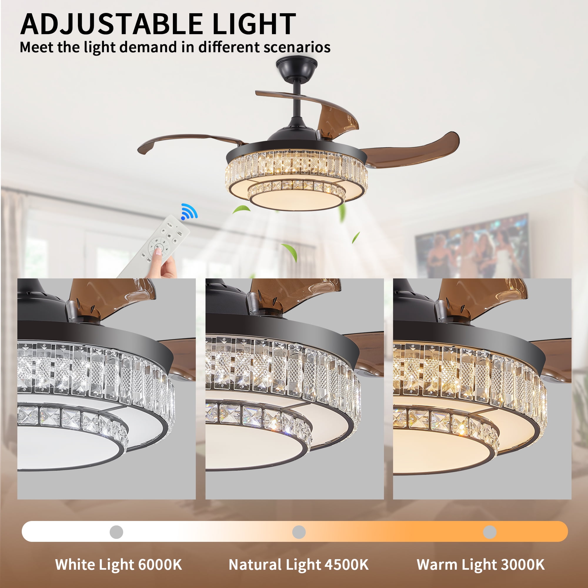 Jopath 48" Retractable Crystal Ceiling Fan with Light and Remote Control, 6-Speed Quiet ,4 Blades Modern Ceiling Fans for Kitchen Bedroom Dining Room Patio