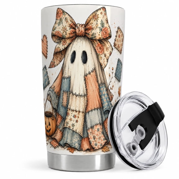 Patchwork Ghost Tumbler, 20oz Insulated Drinkware for Halloween Fans Stainless steel insulated tumbler with lid, patchwork ghost and floral bow art for water, iced coffee, tea, or office