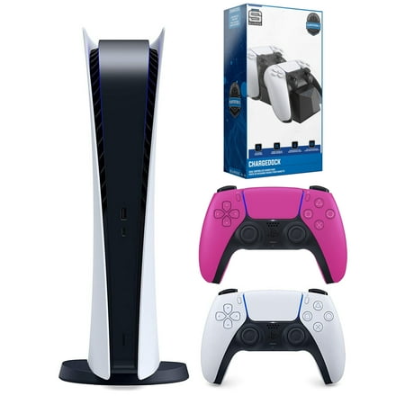 Sony Playstation 5 Digital Version (Sony PS5 Digital) with Extra Nova Pink Controller and Dual Charging Station Bundle