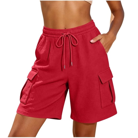 hoksml Women Waffle Knit Cargo Shorts with Pockets, Elastic Waist Drawstring Casual Summer Shorts