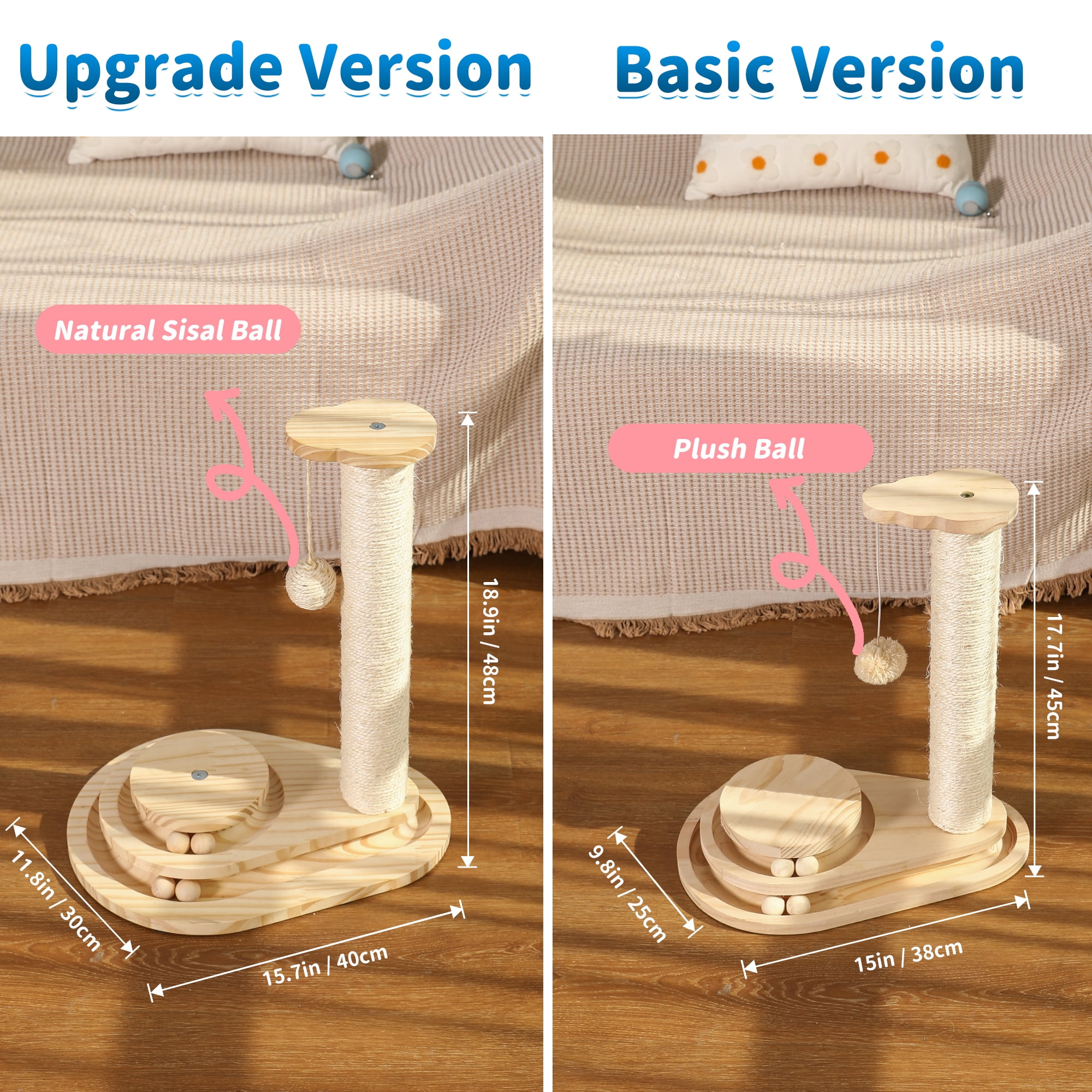 Cat Scratcher, Scratching Post for Indoor Cats with Stable Widen Base, 18.9" Tall Wood Ball Toy with 2-Level Track for Small Kittens, Natural Sisal Rope and Ball for Fun