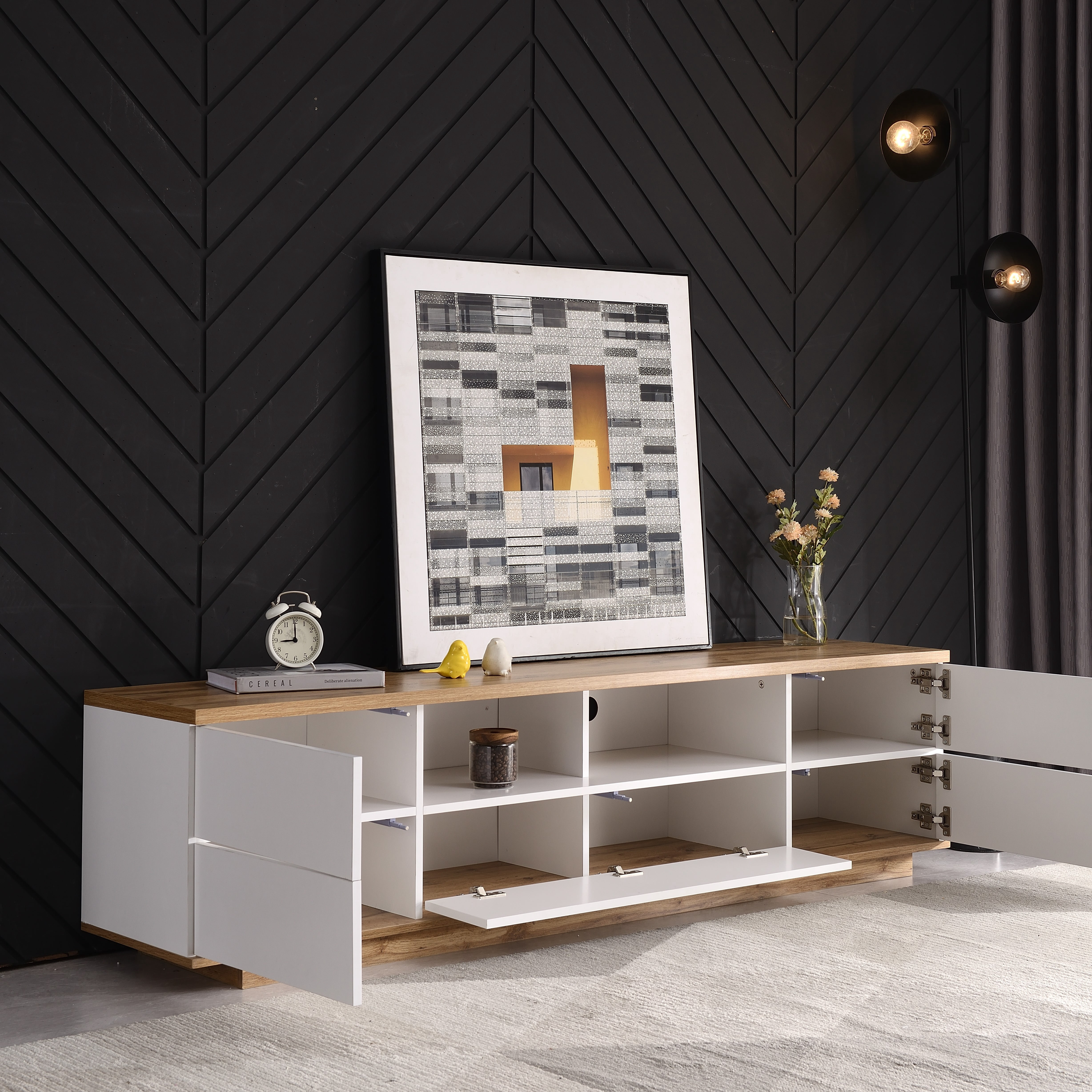 Euroco Modern TV Stand for TVs Up to 80” – Media Console with Concealed Storage, Door Rebound System, and Sleek Minimalist Design