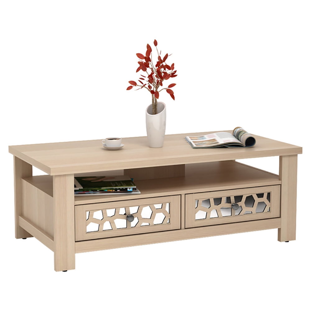 Finihen Coffee Table, Rectangular Coffee Table, 3-tier Coffee Table with 2 Drawers and 5 Support Legs, for Living Room, Reception Room, Office, Natural Finihen Coffee Table, Rectangular Coffee Table, 3-tier Coffee Table with 2 Drawers and 5 Support Legs, for Living Room, Reception Room, Office, Natural