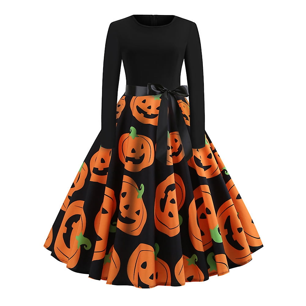 KZKR Halloween Dresses Womens Skeleton Pumpkin Printed Cosplay Party Costume Long Sleeve