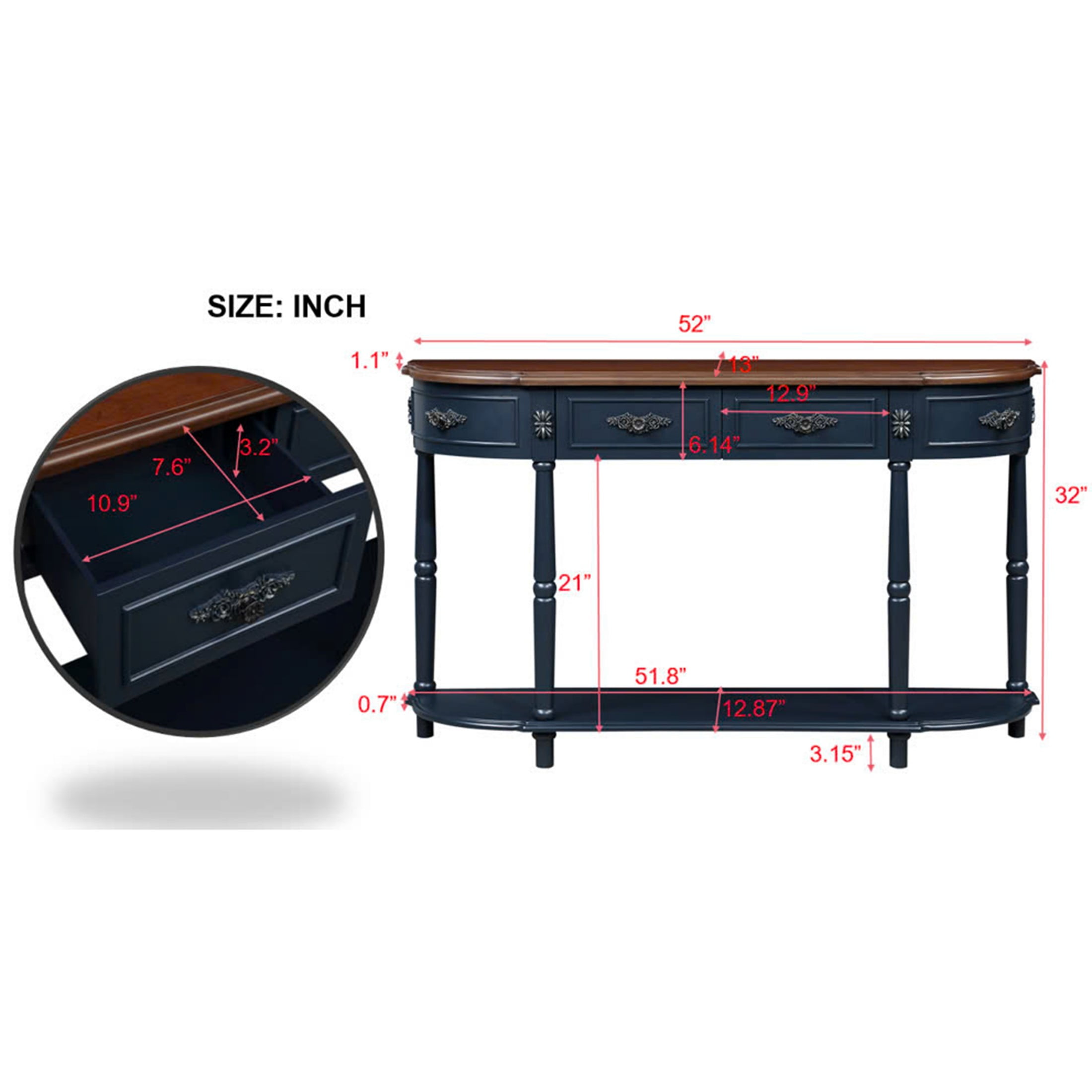 Aukfa Console Table, 52" Retro Half Moon Sofa Table with 2 Drawers and Shelf for Living Room/Hallway, Navy