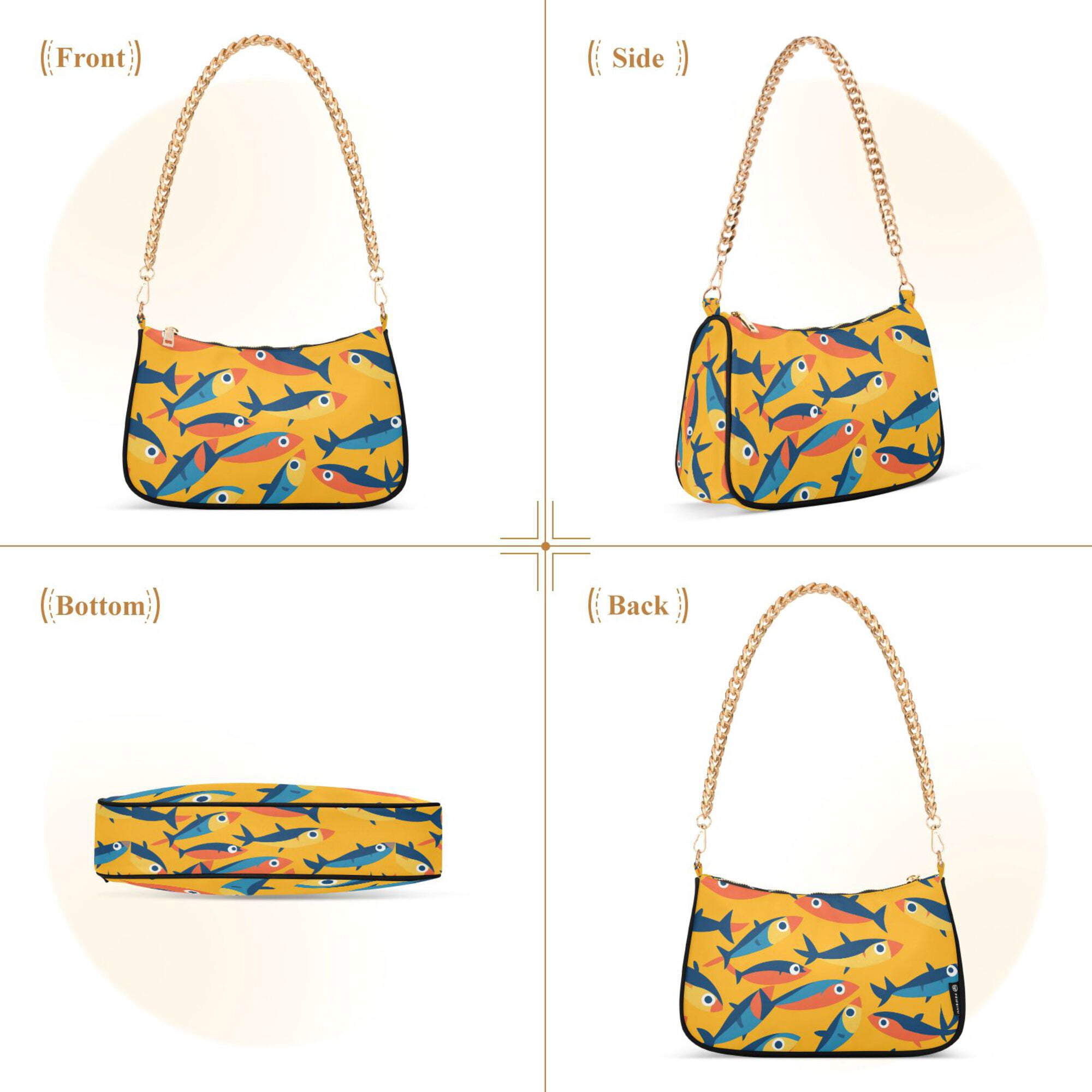 FORMRS Womens Shoulder Bag with Chain Strap Clutch Purse Cute Tote Handbag, Yellow Sardines Pattern