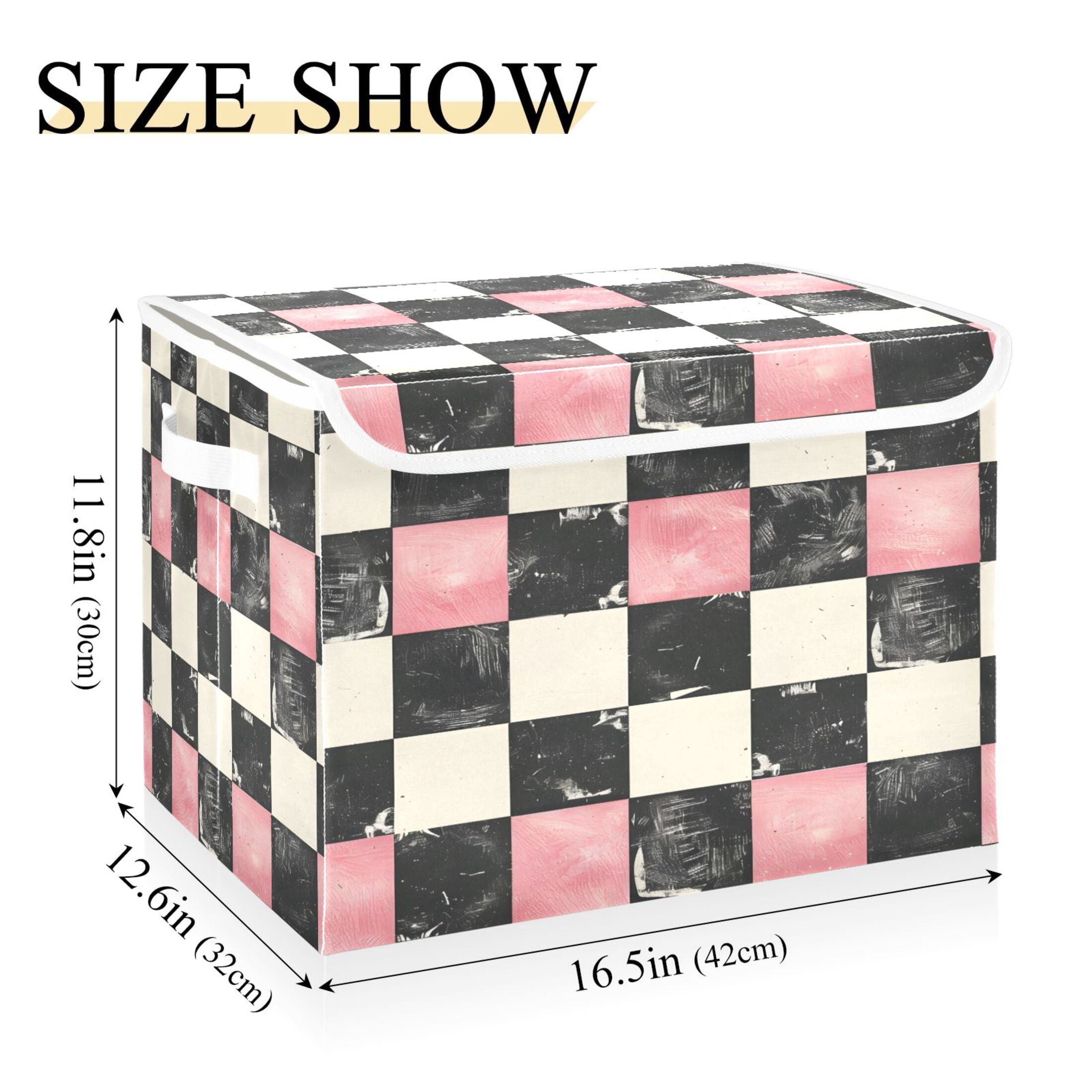 Ryvnso Pink and Black Checkered Pattern Large Lidded Foldable Storage Baskets Cubes Boxes Lids Bin for Home