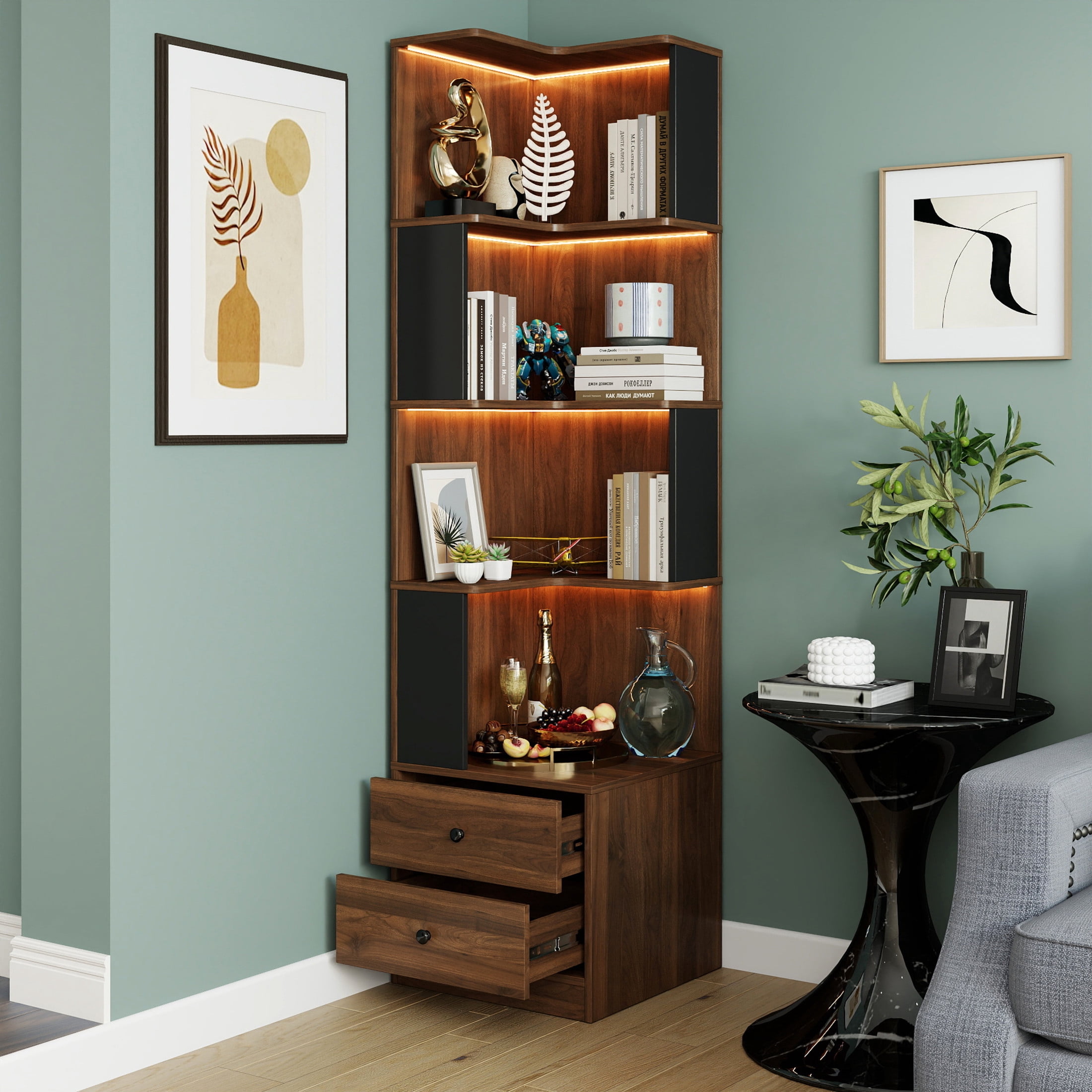 Noble House 68.9" 4-Tier Corner Bookcase with Hidden Drawers and LED Lights, L-Shaped Display Bookshelf, Walnut