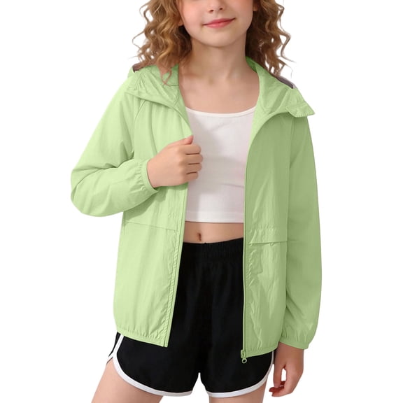 Cethrio Girls Sun Protection Jackets Size 7-8, Zip up Long Sleeve Lightweight Outdoor Kids Rash Guard Outerwear with Hood Green Size 8