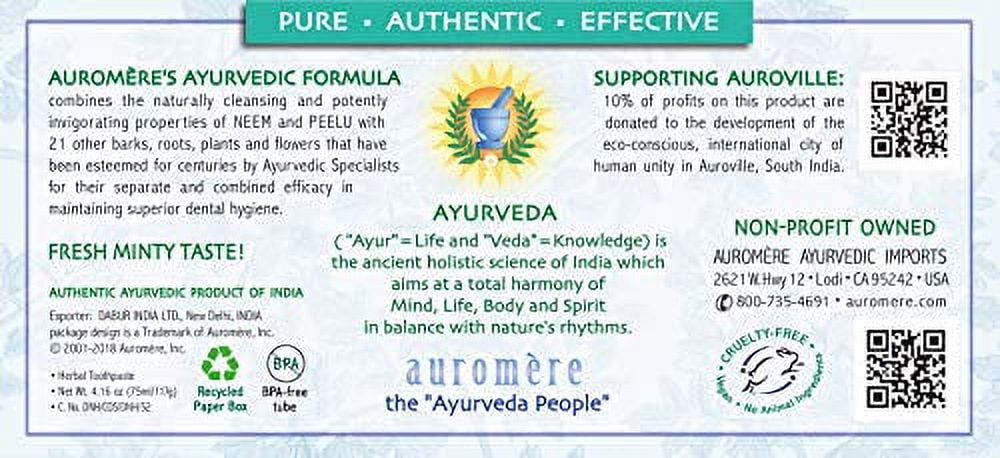 Auromere Ayurvedic Herbal Toothpaste, Fresh Mint - Vegan, Natural, Non GMO, Fluoride Free, Gluten Free, with Neem & Peelu (4.16 oz), 3 Pack