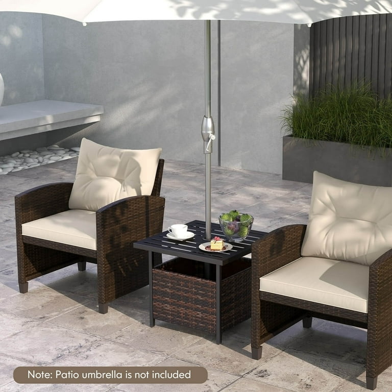 costway rattan wicker umbrella patio side table Costway Brown Rattan Wicker Steel Side Table with Umbrella Hole for Outside  and Balcony