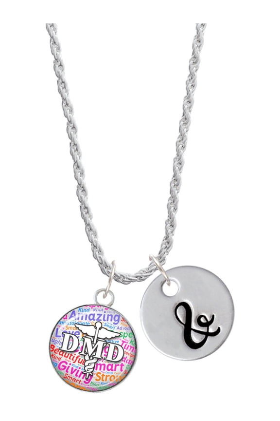 Silvertone Domed Multi Color DMD Silvertone Script Initial Disc - & - Charm Necklace, 20"+3"