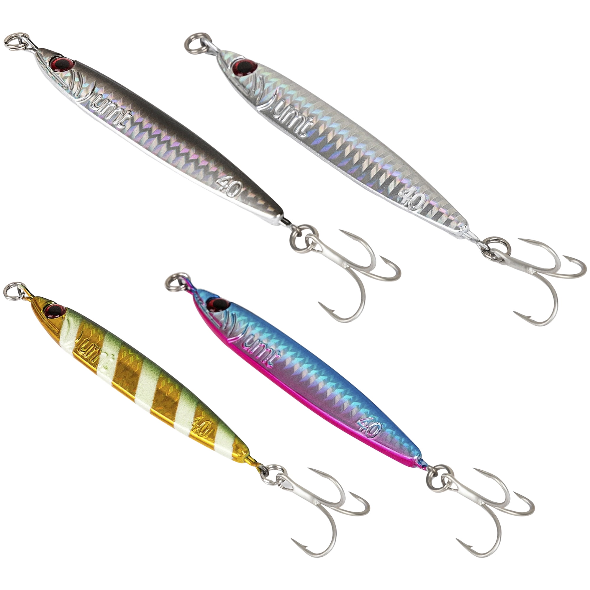 40g Multicolor Casting Jigs (4Pk) by UMT - Saltwater & Freshwater Fishing Jig for Sea Bass, Fluke, Porgy - Treble Hooks