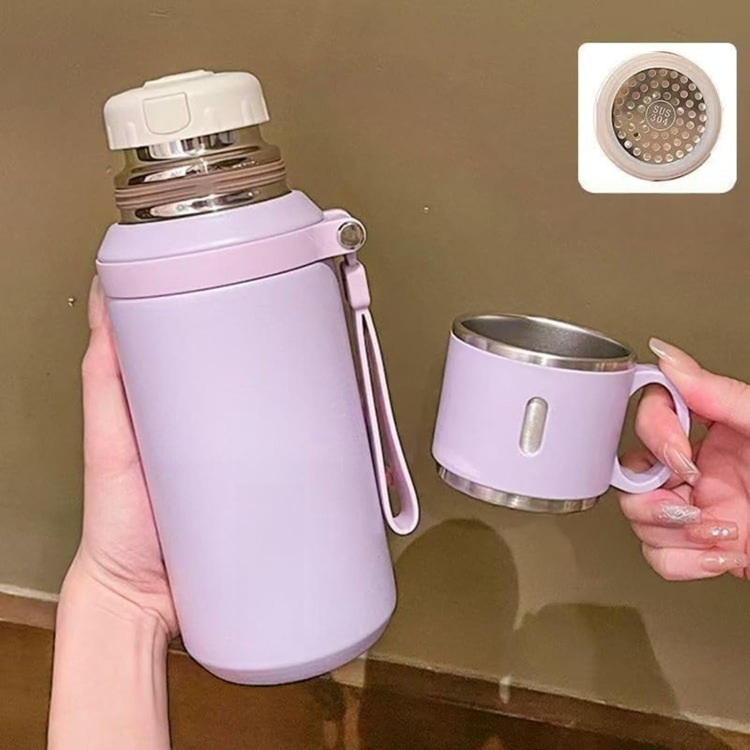 2 in 1 Stainless Steel Vacuum Insulated Bottle with Lidded Cup, 316 Stainless Steel Water Bottle, Leakproof Large Capacity Coffee Bottles Thermal Flask, Portable, Easy Carry (C)