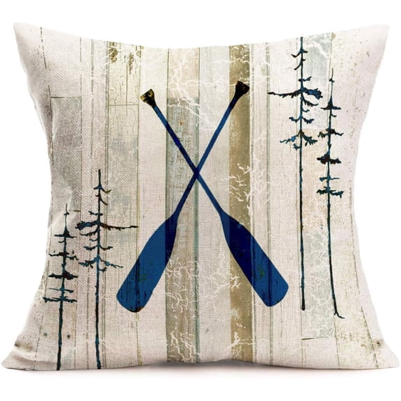 Boat Paddle Throw Pillow Covers Cotton Linen Retro Wood Grain with Pine Trees Decorative Pillow Cases Adventure Theme Home Outdoor Decor Standard 18x18 Inch Cushion Cover
