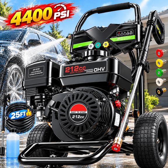4400PSI 4.0 GPM Gas Pressure Washer, 212cc Heavy Duty Power Washer, Commercial Gas Powered Pressure Washer for Driveways, Cars, Decks, Patios, Siding and Outdoor Cleaning