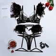 thumbnail image 2 of Conjunto de lencería de encaje con ribete de plumas, cadena con tiras, copa 3/4, sujetador con aros, bragas con liguero para luna de miel, 2 of 4