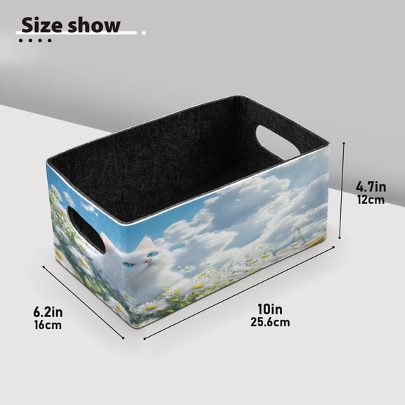 BZSMCE Shelf Baskets White Cat in Daisy Field Pattern Storage Cube Bins 10.1*6.3*4.7in Set of 2