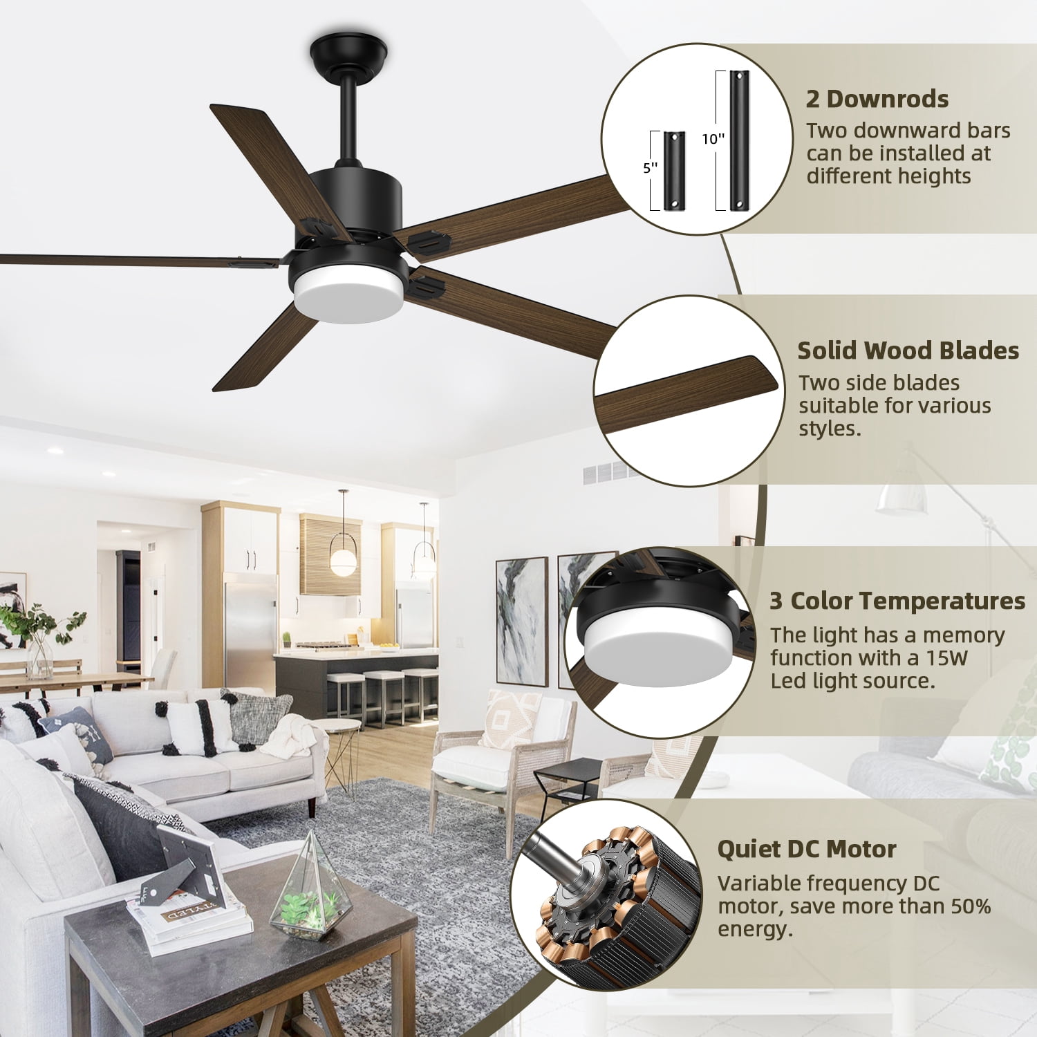 Xaujix Ceiling Fans with Lights and Remote Control, 60 inch Indoor Outdoor Ceiling Fan 6 Speed Silent Reversible Motor for Patio Farmhouse Bedroom Living Room