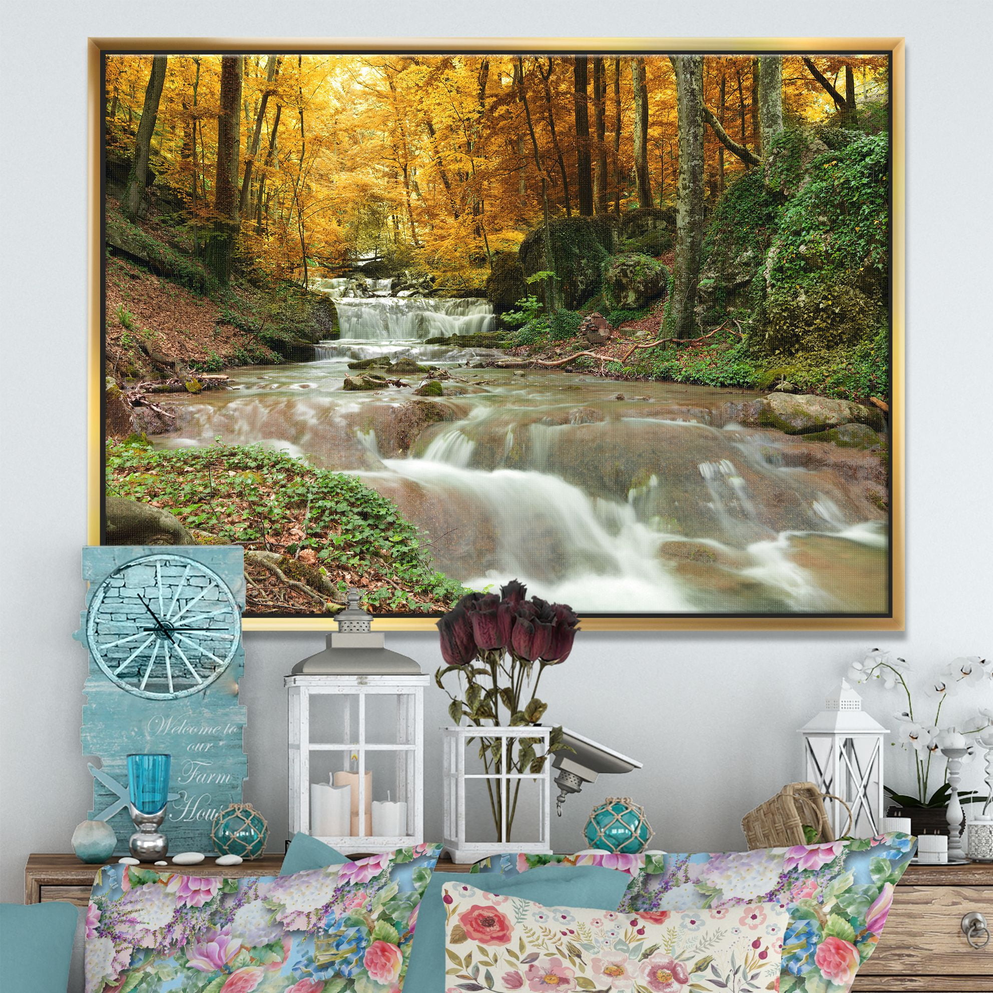Designart ' Forest Waterfall with Yellow Trees ' Large Landscape Framed Canvas Art Print