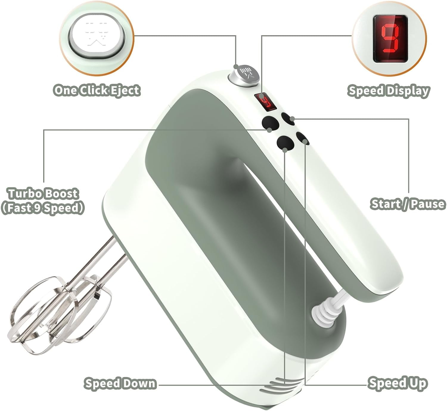 9-Speed Digital Hand Mixer Electric, 400W Powerful  Motor with Storage Case and 5 Accessories