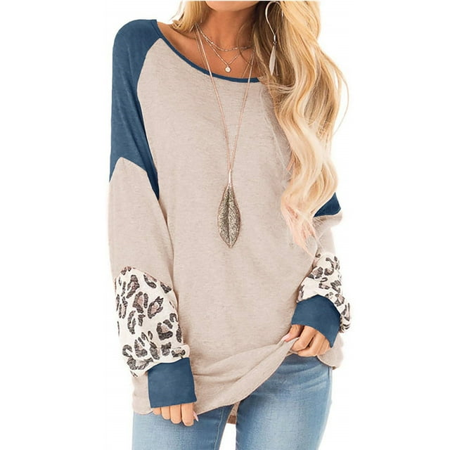 Womens Color Block Pullover Leopard Print Sweatshirt Raglan Long Sleeve Loose Tunic Shirts Tops