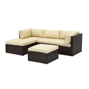 Context Amity 3 Piece All Weather Wicker L-Shape Sectional with Chaise with Cushions and Ottoman - Cream