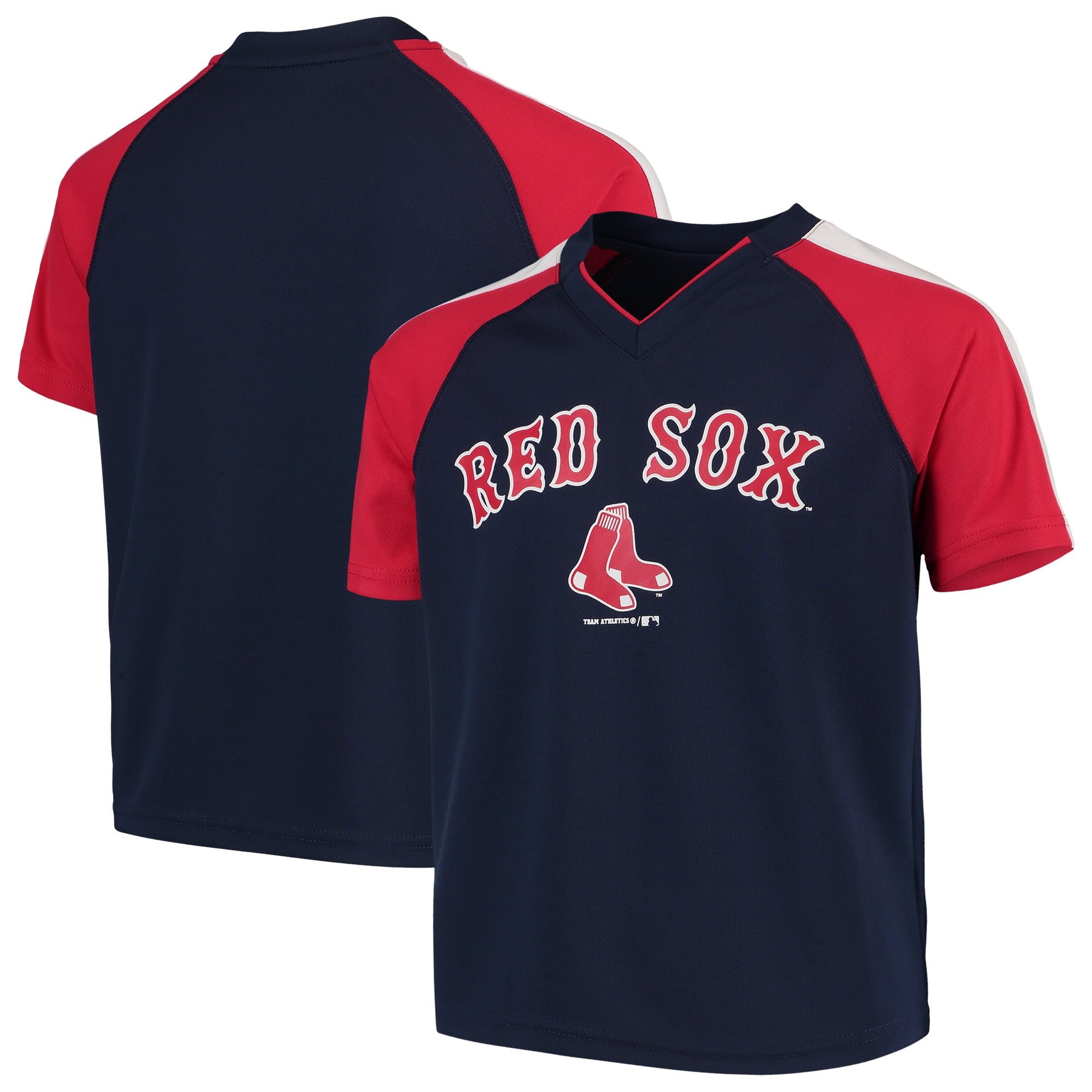 Youth Navy Boston Red Sox Poly Mesh Raglan VNeck TShirt