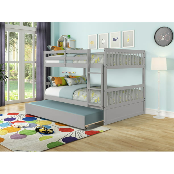 Tnbiu Bunk Bed With Trundle, Full Size Low Loft Bed With Trundle