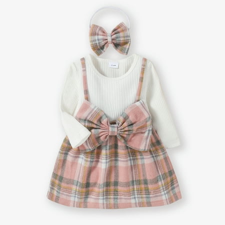 

PatPat Little Girls Bowtie Strappy Dress with Headband Toddler Baby Girls Long Sleeve Ribbed Splicing Plaid Faux-two Cute Suspender Dress Set 0-3T