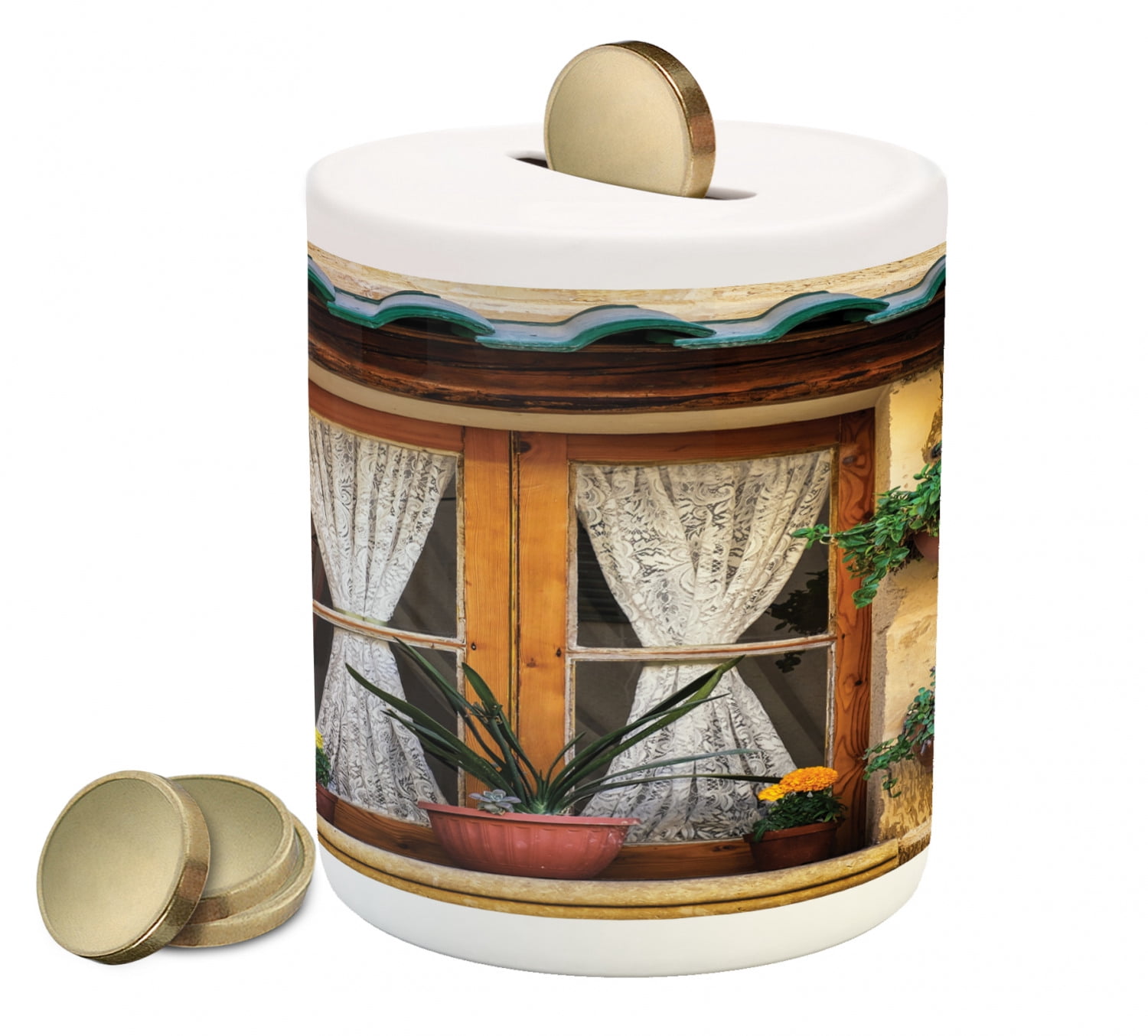 Shutters Piggy Bank, Basket of Flowers Historic Building Window Classic ...