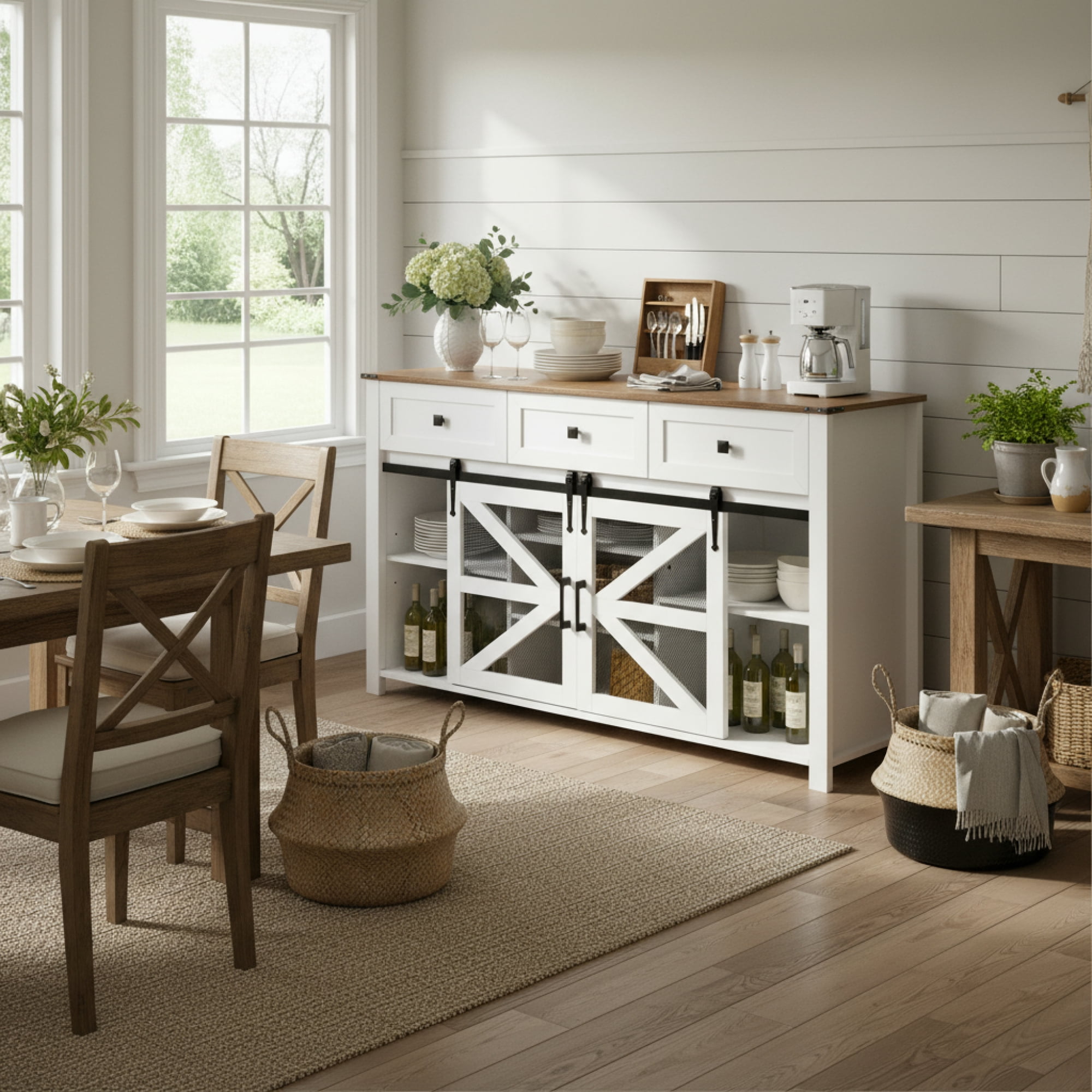 Leumius 55In Sliding Barn Door Sideboard Buffet Cabinet with 3 Drawers, Adjustable Shelves, Metal Mesh & Particleboard Doors, Aluminum Handles, Industrial Storage for Living or Dining Room White