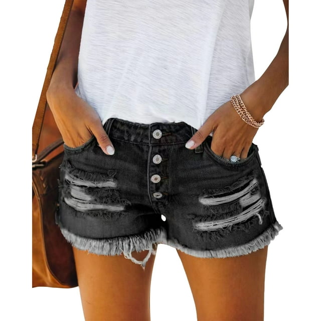 Pantalones cortos de mezclilla para mujer, pantalones cortos de mezclilla desgastados con borlas y botonadura recta, informales, transpirables, a la moda, para verano