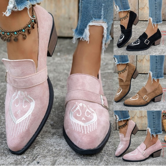 Women Shoes Block Heel Loafers for Women Suede Western Embroidery Pointed Toe Slip On Heels for Women Comfort Wide Feet Non Slip Vintage Ethnic Casual Dress Shoes for Women Autumn Winter Metal Buckl