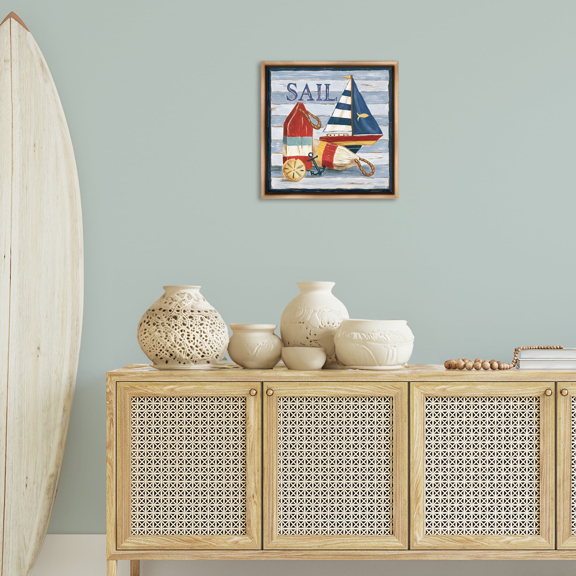 Stupell Industries Sail Boat & Buoys Nautical & Beach Painting Brown Floater Framed Canvas Art Print Wall Art, 18 x 18