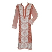 Mogul Designer Indian Long Tunic Peach White Floral Embroidered Caftan Kurti Cover Up Dress