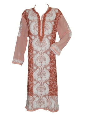 Mogul Designer Indian Long Tunic Peach White Floral Embroidered Caftan Kurti Cover Up Dress