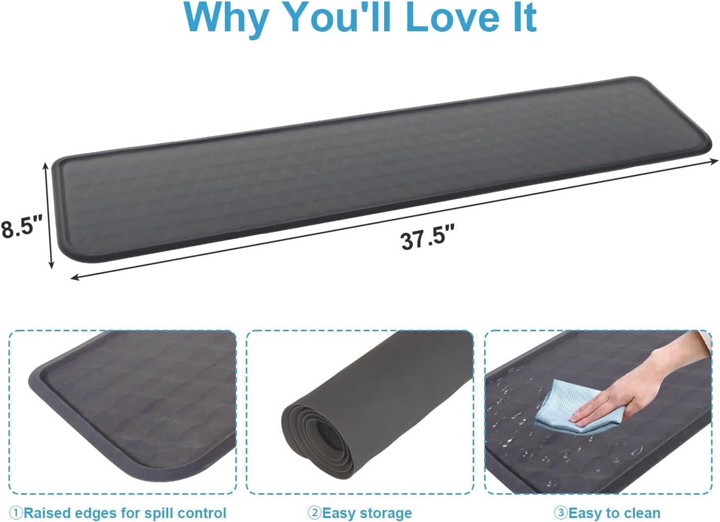 JJEAN-Refrigerator Mat, Washing Machine Spill Liner, Drip Tray and Leak Catcher Mat, Fridge Mat Prevent Water Leakage and Floor Damage from Elecrical Equipment Heavy Duty 37.5'' x 8.5'' Grey